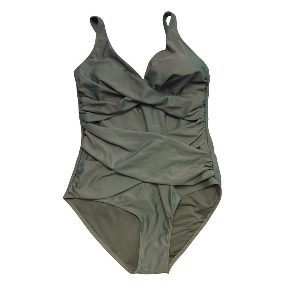 NEW Green Ruched Wrap Front One Piece Swimsuit Tummy Control Adjustable Straps L